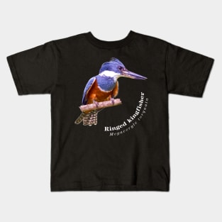 Ringed kingfisher tropical bird pin white text Kids T-Shirt